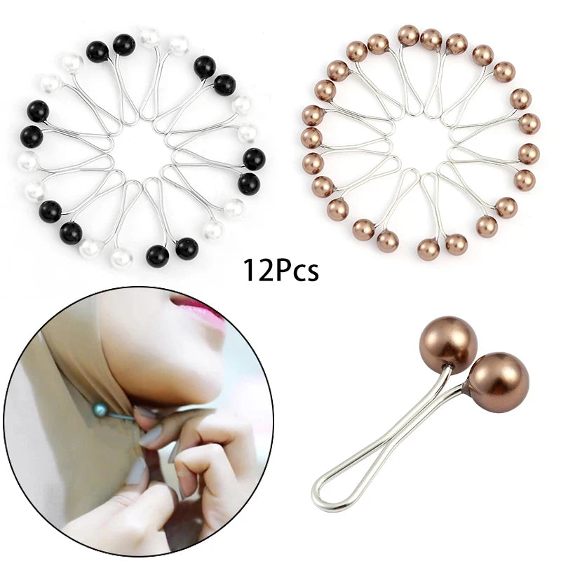 12pcs Anti-Slip Hijab Pins Pearl Brooch Clips for Women