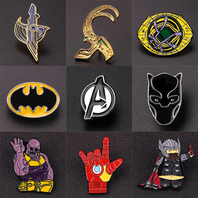 Marvel Superhero Enamel Lapel Pin: Loki, Thanos, Iron Man, Black Panther, Hulk, Avengers Badge