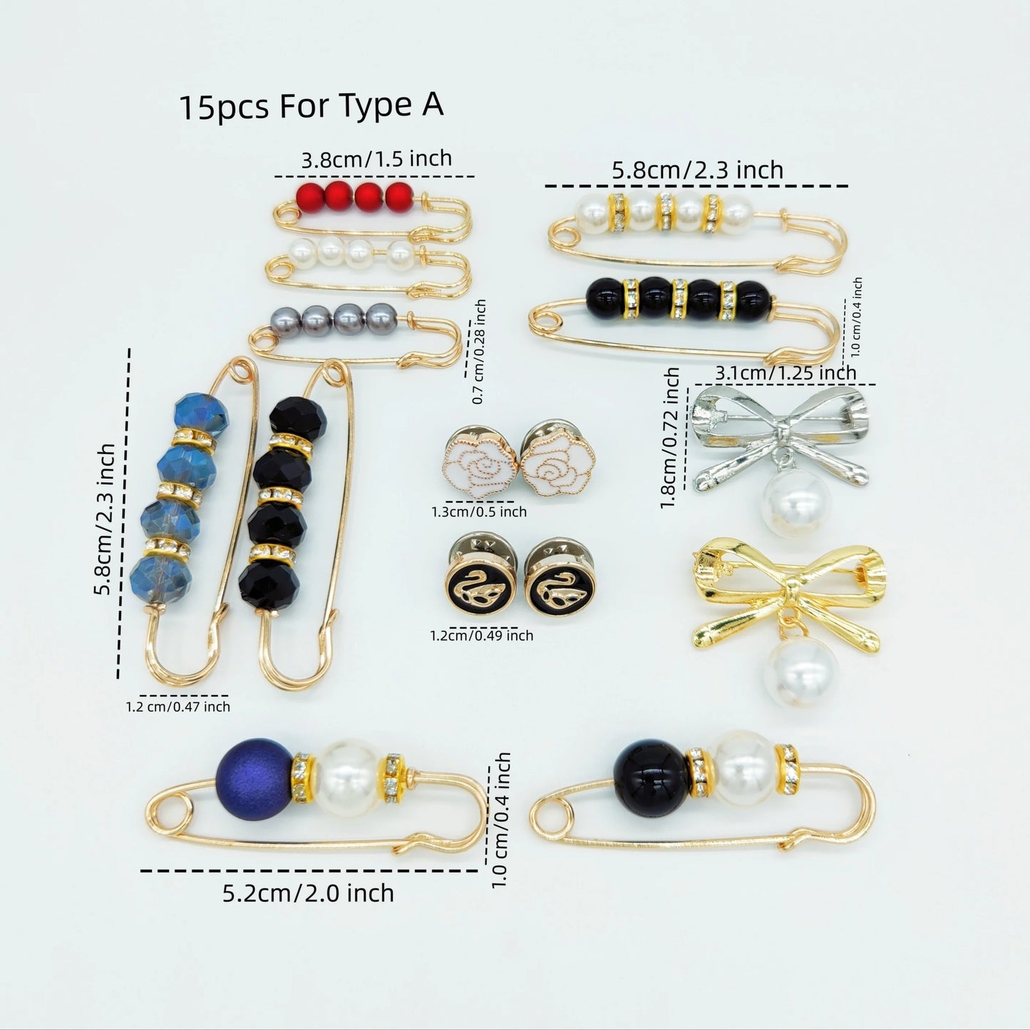 15-Piece Fashion Pin Brooch Set, Adjustable Waist, Elegant Jewelry