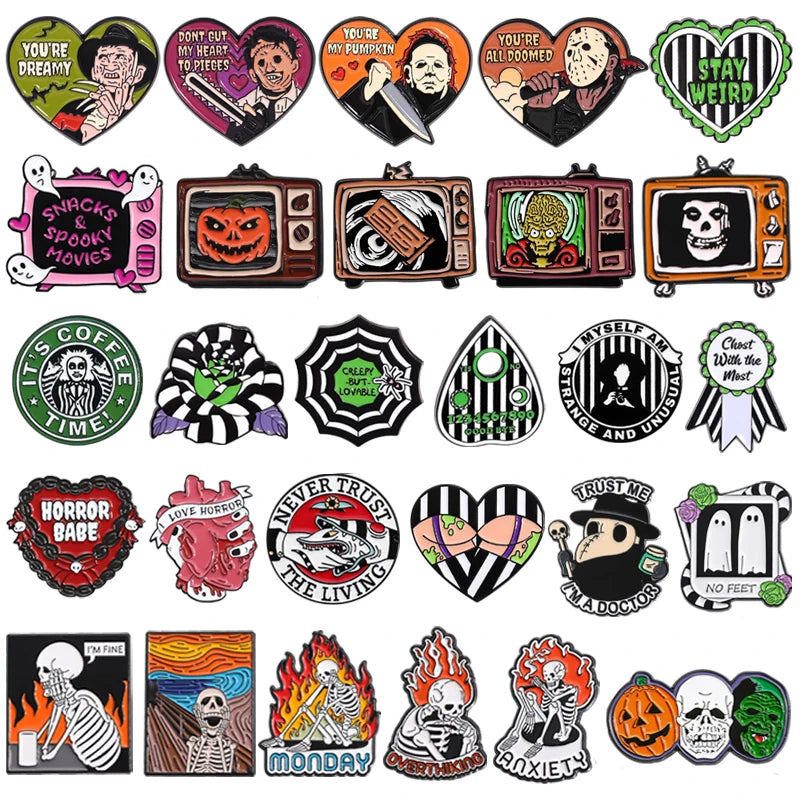 31 Styles Horror Movie Enamel Pins Retro TV Skeleton Brooch Lapel Badge Jewelry Gifts