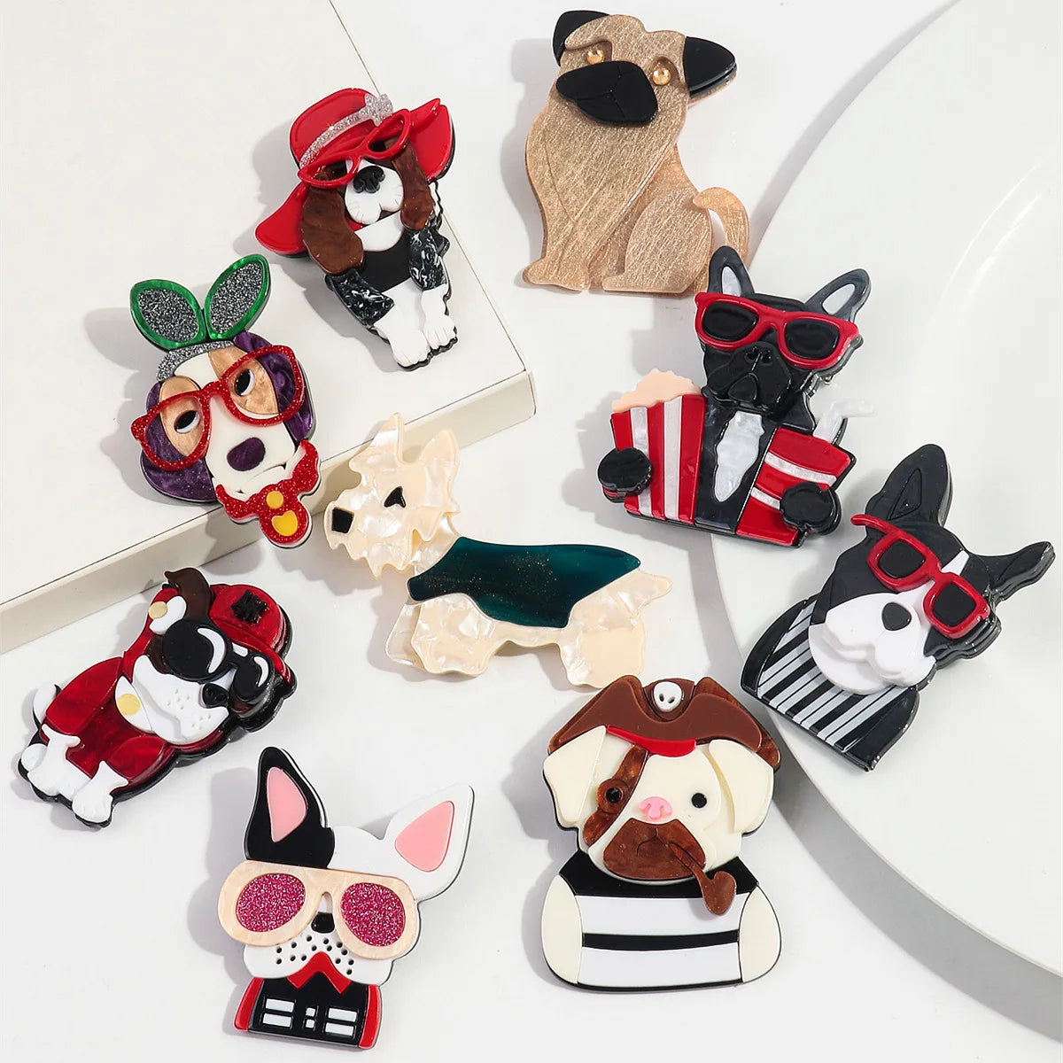 Acrylic Dog Brooches for Women - Bulldog Resin Pins with Bowknot Glasses