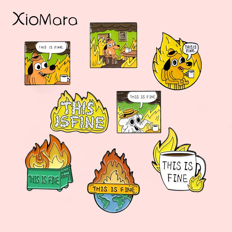 Cartoon Dog Coffee Fire Enamel Pin "This Is Fine" Lapel Badge