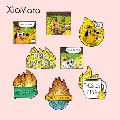 Cartoon Dog Coffee Fire Enamel Pin "This Is Fine" Lapel Badge