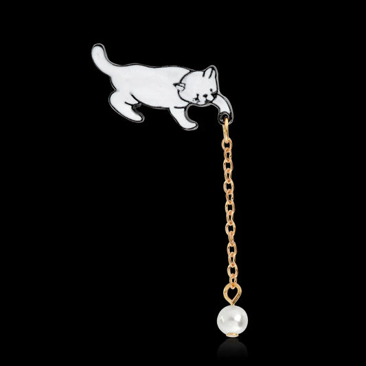White Cat Pearl Chain Enamel Pin Badge Brooch