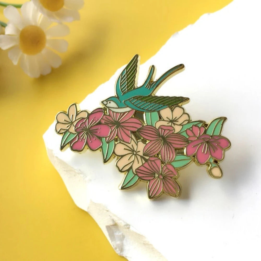 Swallow Flower Enamel Pin Brooch Jewelry Gifts for Women Girls Wholesale