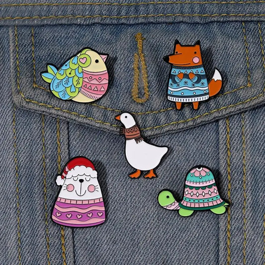Winter Animal Enamel Pins - Bird, Cat, Fox, Turtle, Goose Brooches - Lapel Badges - Sweater Jewelry Gift for Kids & Friends