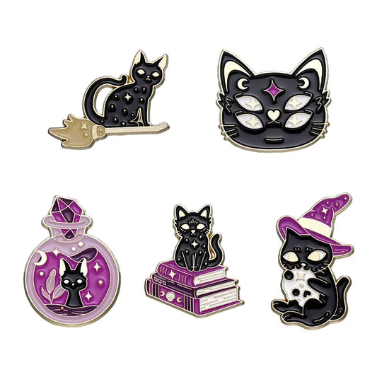 Witch Cat Enamel Pins Black Kitten Spell Book Gothic Brooch Halloween Gift