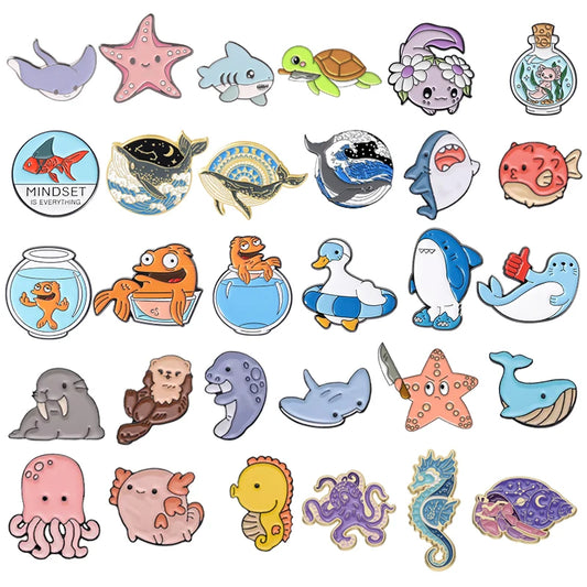 Whale Shark Enamel Pins Starfish Goldfish Turtle Brooches Lapel Badge Jewelry Gifts